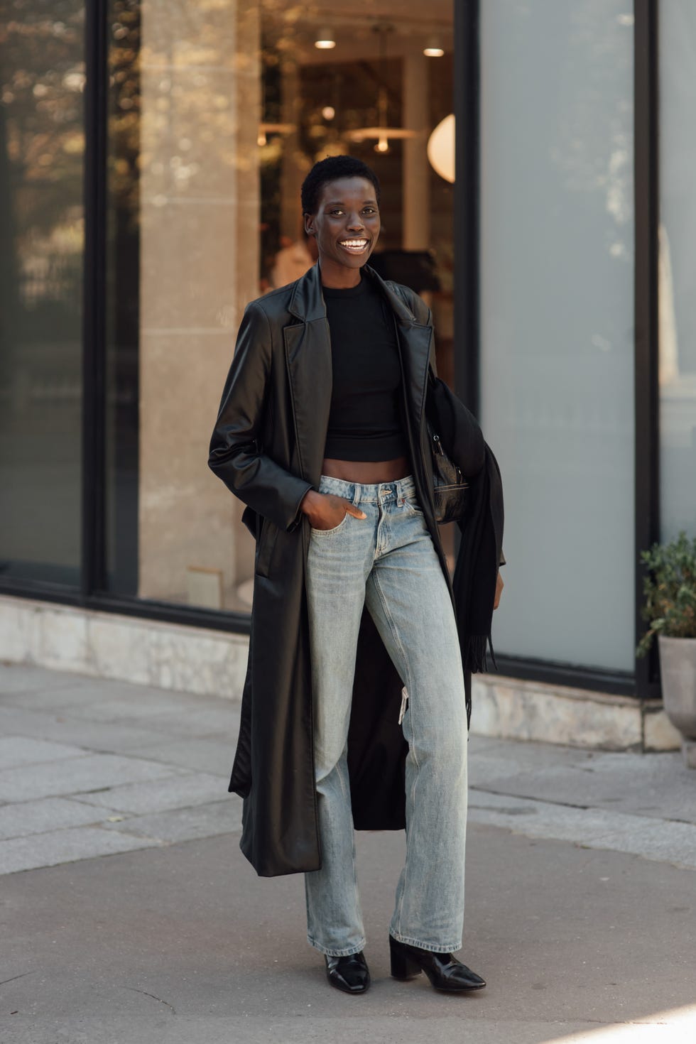 Leather Trench Coat With Distressed Jeans — Simple Boots Outfit Jeans