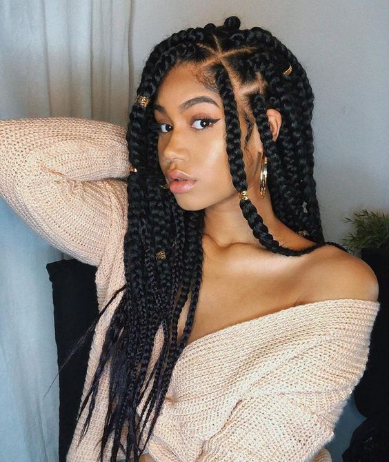 Thick Jumbo Box Braids With Gold Beads — Simple Box Braids Hairstyles