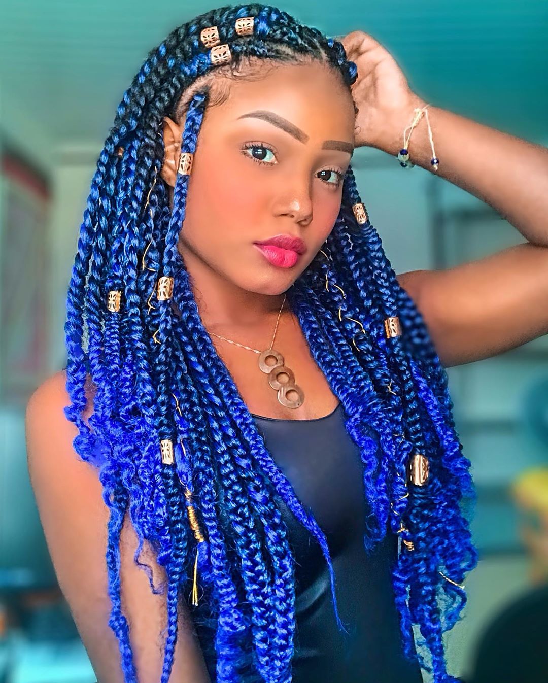 Vibrant Blue Ombre Jumbo Box Braids With Beads — Simple Box Braids Hairstyles