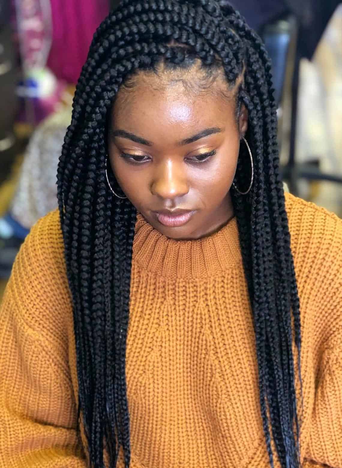 Thick Black Jumbo Box Braids Mid-Back Straight, Close-Up Take — Simple Box Braids Hairstyles