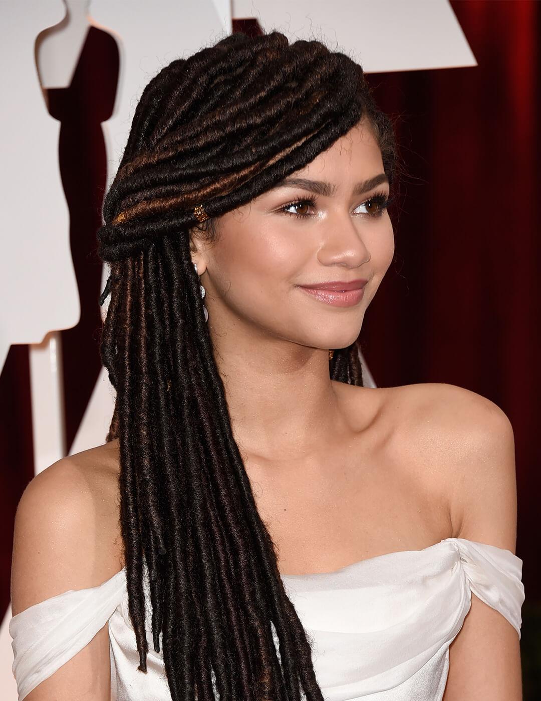 Mid-Back Dark Brown Locs Swept Up With Golden Highlights Mid-Back Dark Brown Locs Swept Up With Golden Highlights — Simple Braids Locs