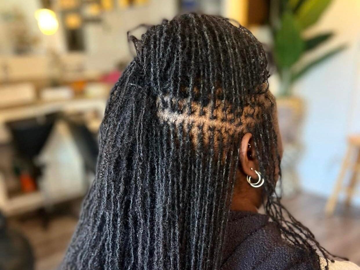 Mid-Back Black Coily Locs Braids With Geometric Parting Mid-Back Black Coily Locs Braids With Geometric Parting — Simple Braids Locs