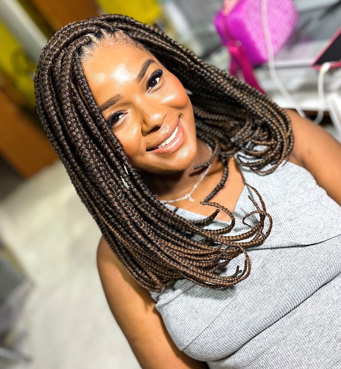 Collarbone Box Braids With Subtle Highlights — Simple Braids Styles