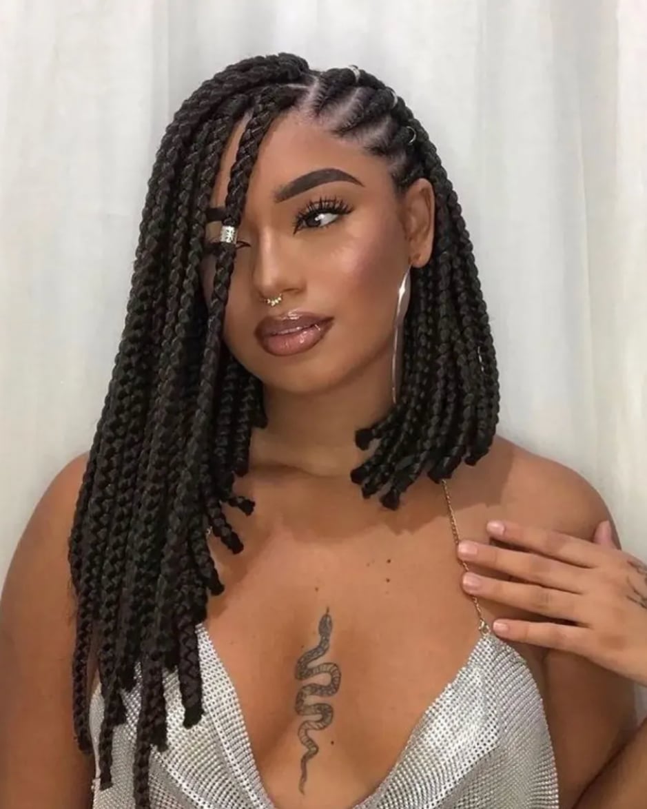 Asymmetrical Black Box Braids With Side Bangs — Simple Braids to the Side