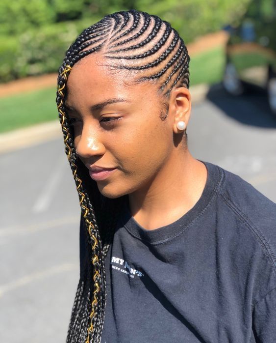 Black Cornrows With Gold Accent Braid — Simple Braids to the Side