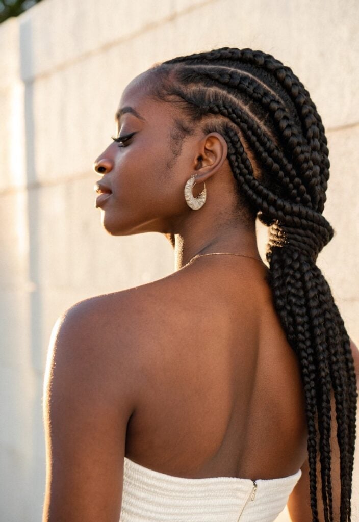 Black Box Braids To Mid-Back — Simple Braids to the Side