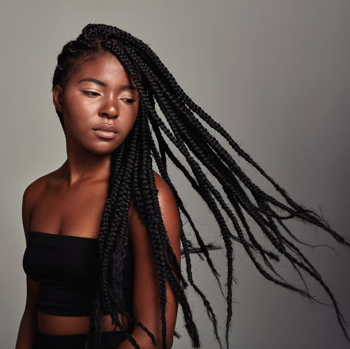 Flowing Black Box Braids To Mid-Back, Thick — Simple Braids to the Side