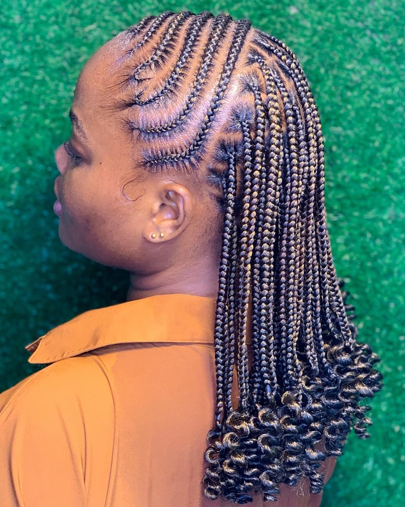 Black And Brown Cornrows With Curly Ends — Simple Braids to the Side
