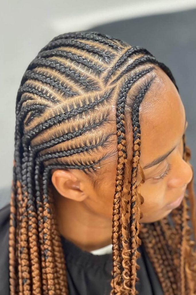 Geometric Black And Brown Cornrows — Simple Braids to the Side