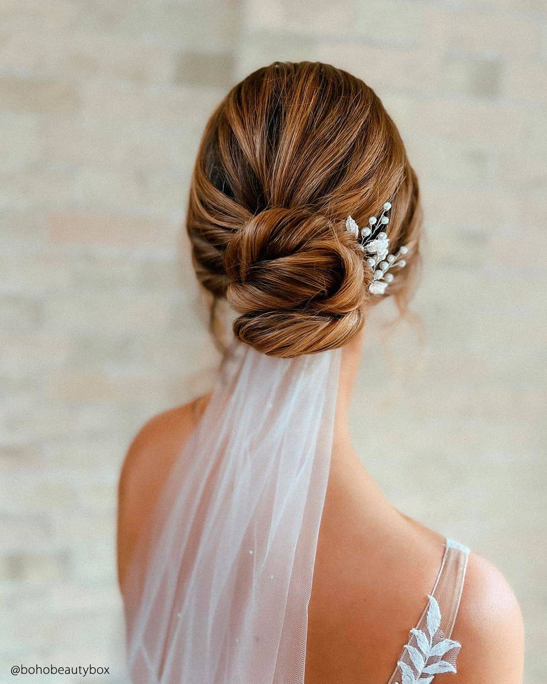 Veiled Twisted Bun with Accents — Simple Bridal Bun