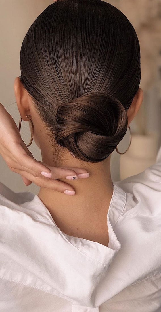 Polished Dark Brown Sleek Low Bun — Simple Bridal Bun