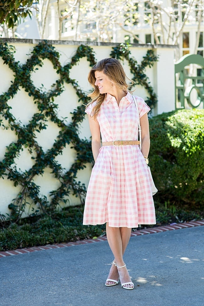 Pink Gingham Shirt Dress With Belted Waist Pink Gingham Shirt Dress With Belted Waist — Simple Bridal Shower Outfits for Guest
