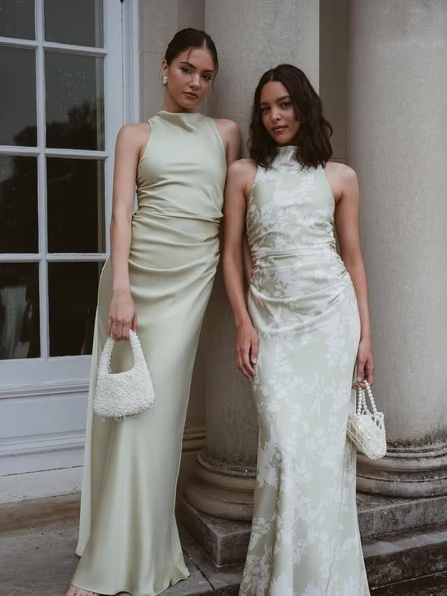 Pale Green Satin High Neck Sleeveless Dresses Pale Green Satin High Neck Sleeveless Dresses — Simple Bridal Shower Outfits for Guest