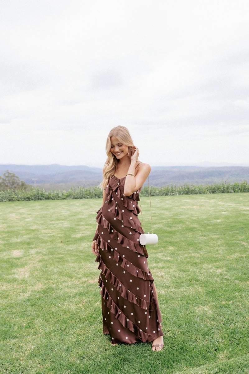 Brown Polka Dot Ruffled Satin Dress Brown Polka Dot Ruffled Satin Dress — Simple Bridal Shower Outfits for Guest