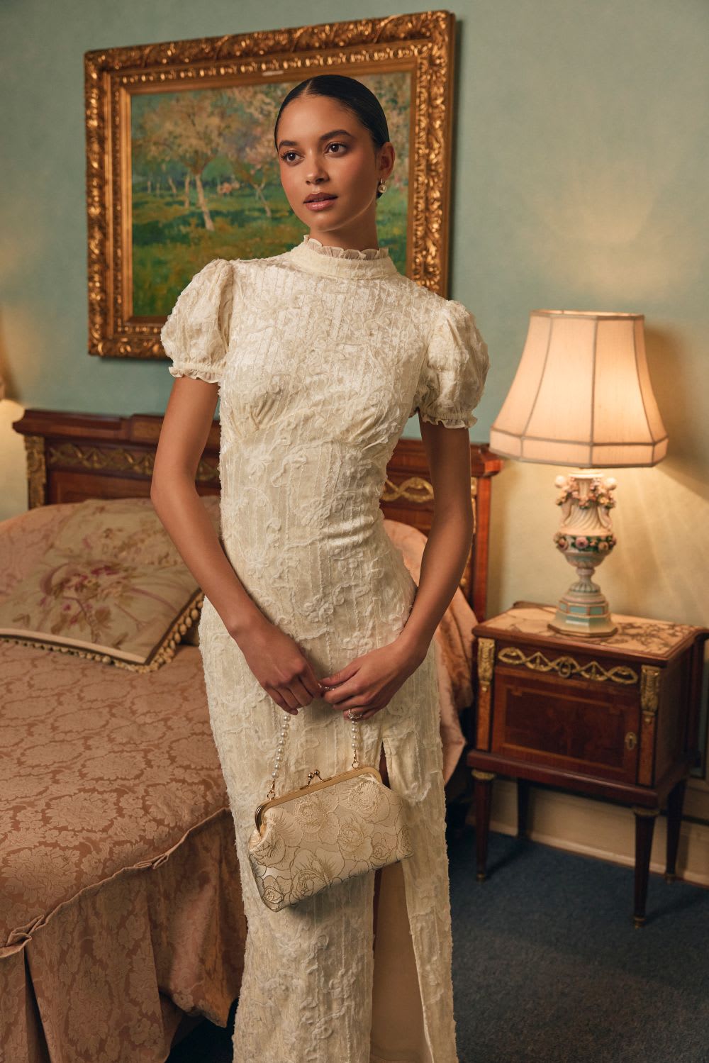 Ivory Textured Lace Midi Dress With Slit Ivory Textured Lace Midi Dress With Slit — Simple Bridal Shower Outfits for Guest