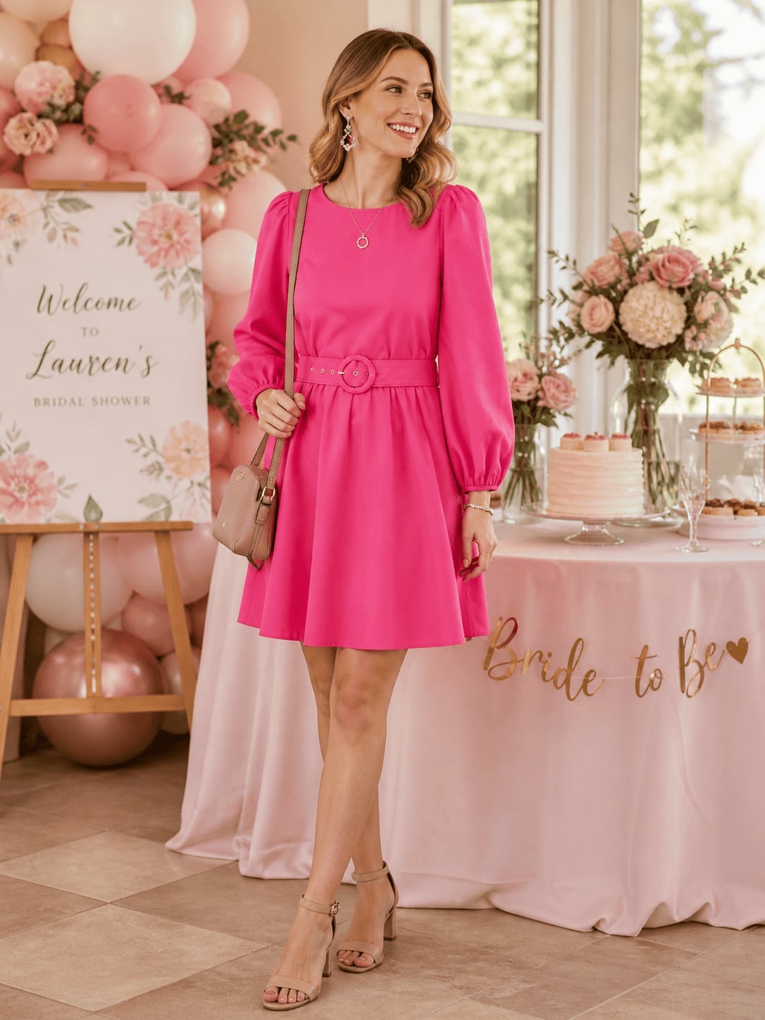 Hot Pink Mini Dress With Puff Sleeves and Belt Hot Pink Mini Dress With Puff Sleeves and Belt — Simple Bridal Shower Outfits for Guest