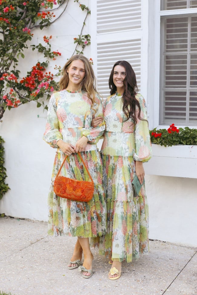 Pastel Floral Long Sleeve Midi Dresses Pastel Floral Long Sleeve Midi Dresses — Simple Bridal Shower Outfits for Guest
