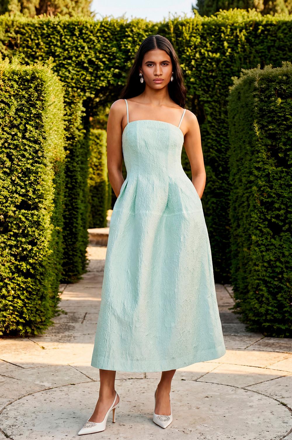 Pale Mint Green Brocade Midi Dress Pale Mint Green Brocade Midi Dress — Simple Bridal Shower Outfits for Guest