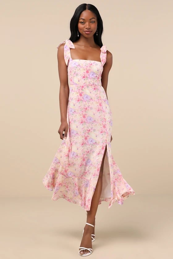 Floral Chiffon Midi Dress With Tie Shoulders Floral Chiffon Midi Dress With Tie Shoulders — Simple Bridal Shower Outfits for Guest