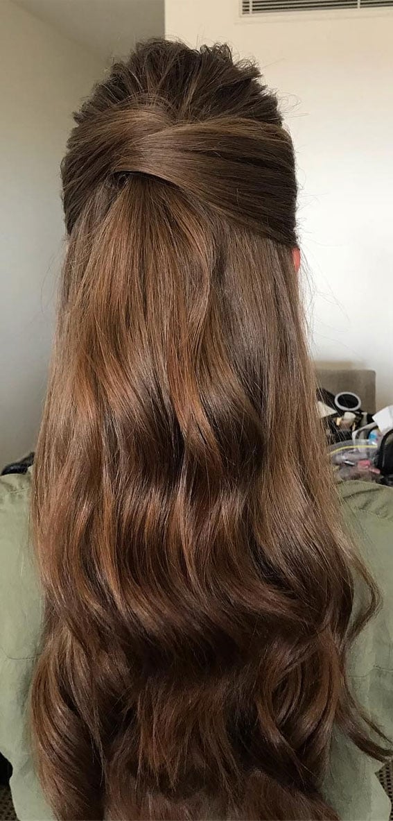 Dark Brown Half Up With Auburn Highlights, Mid-Back Dark Brown Half Up With Auburn Highlights, Mid-Back — Simple Bridesmaid Hairstyles Half Up