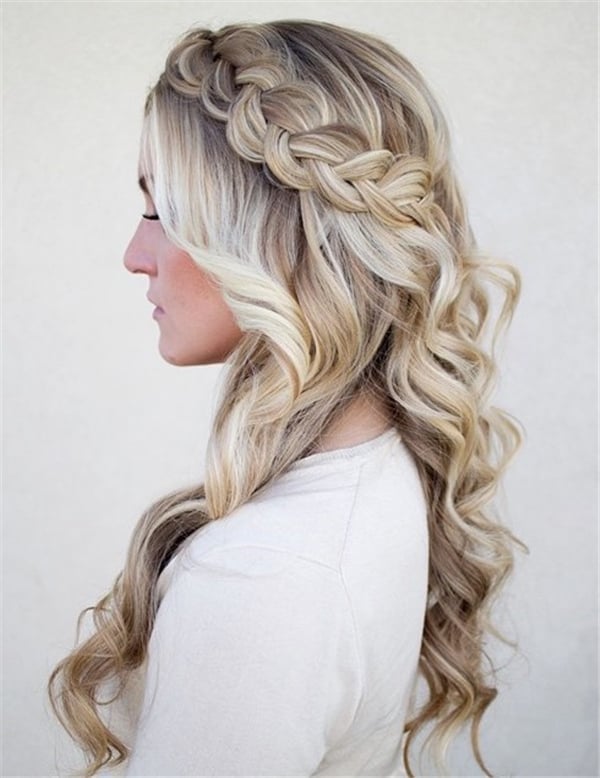 Blonde Balayage Half Up With Braided Crown, Mid-Back Blonde Balayage Half Up With Braided Crown, Mid-Back — Simple Bridesmaid Hairstyles Half Up