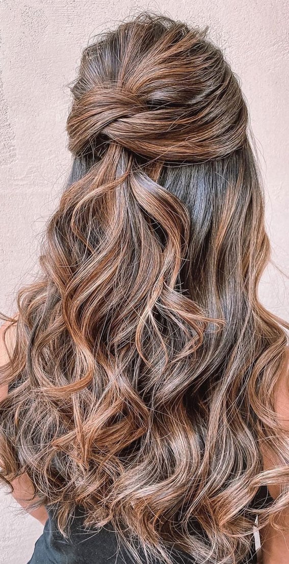 Brunette Loose Waves Half Up With Knot Brunette Loose Waves Half Up With Knot — Simple Bridesmaid Hairstyles Half Up