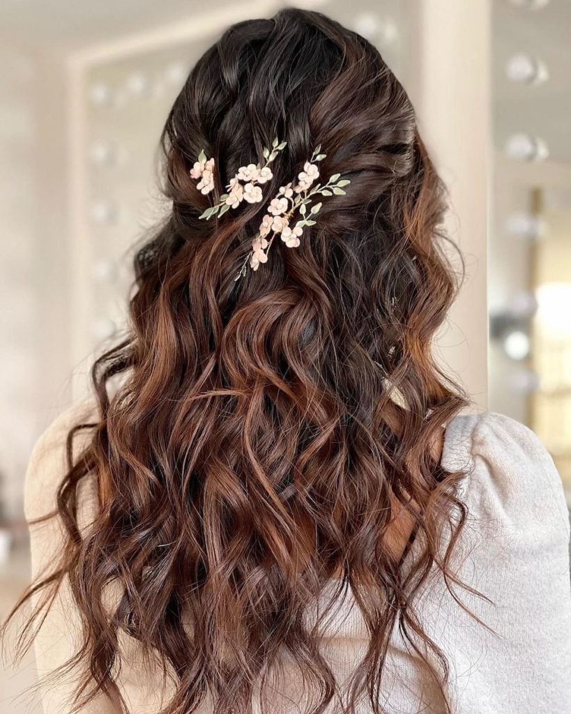 Dark Brown Waves Half Up With Floral Pins Dark Brown Waves Half Up With Floral Pins — Simple Bridesmaid Hairstyles Half Up