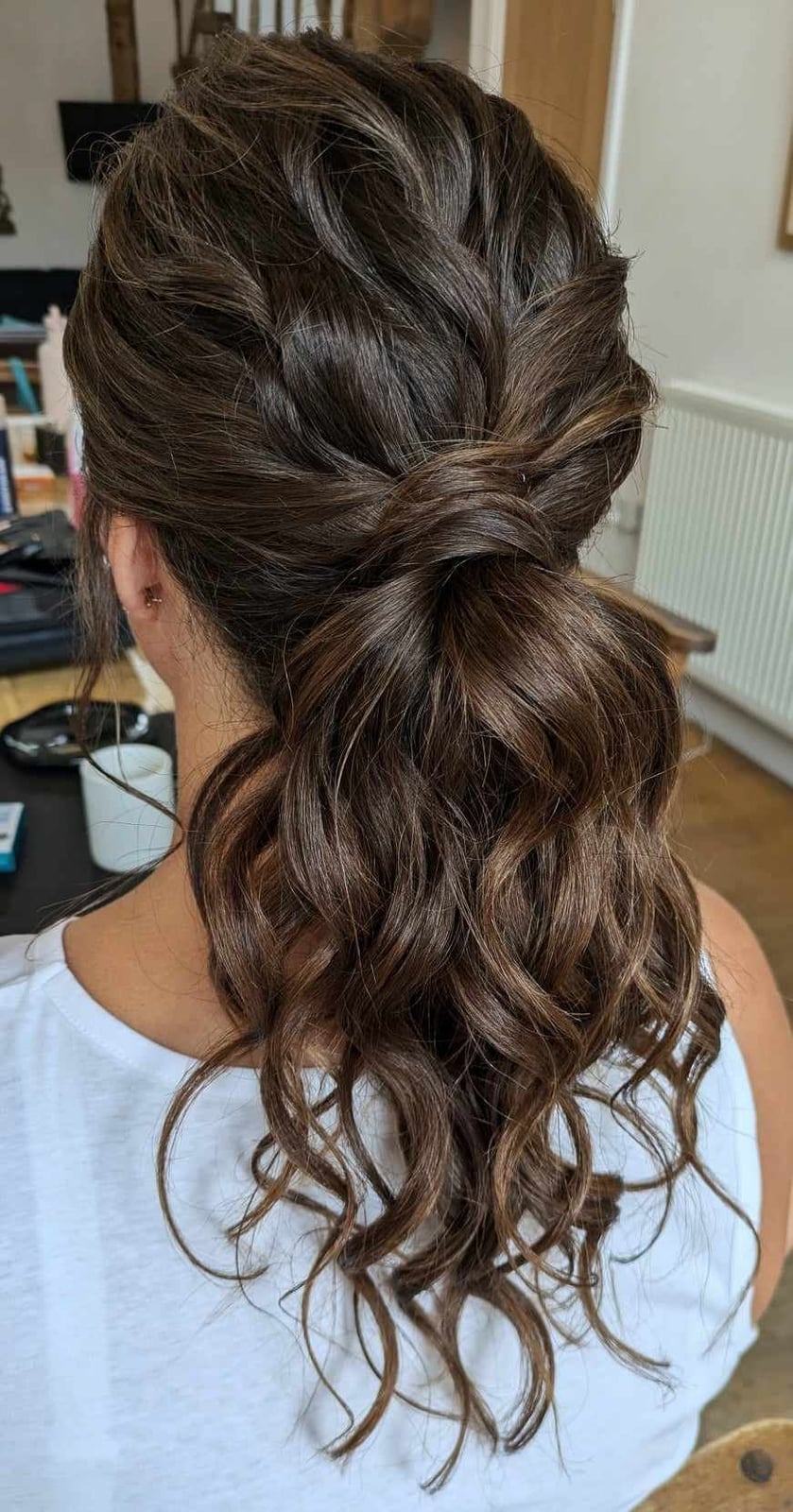 Dark Brown Wavy Ponytail with Caramel Highlights — Simple Bridesmaid Ponytail