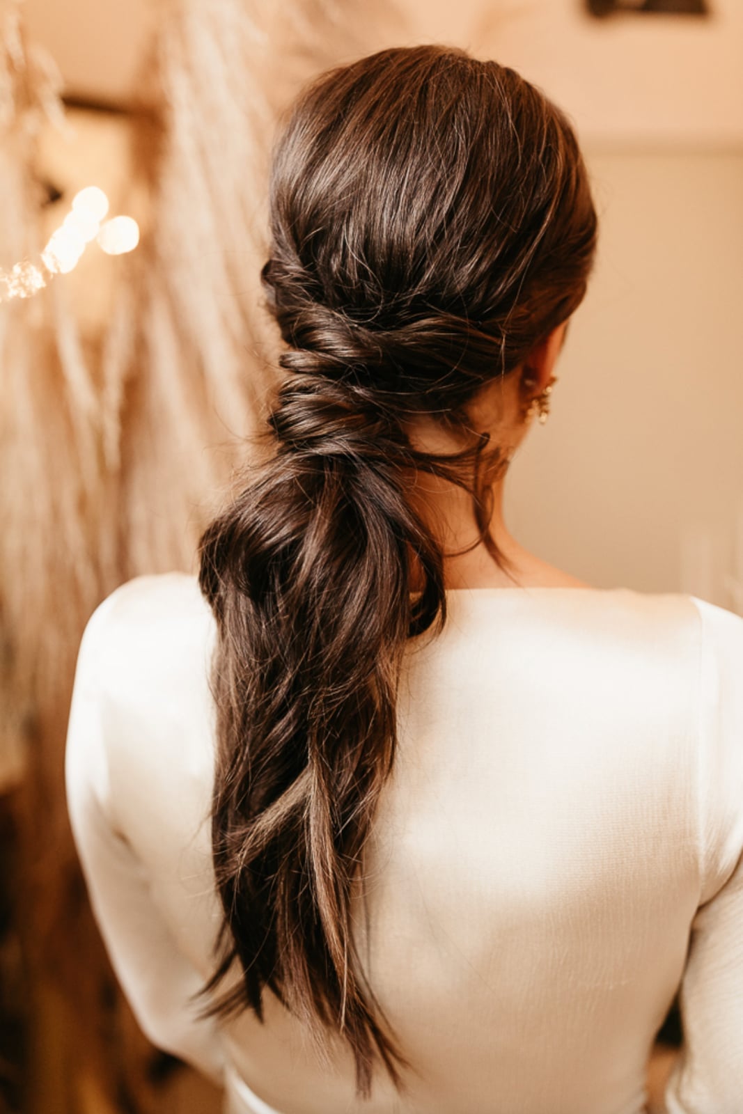 Dark Brown Wavy Ponytail with Twisted Layers — Simple Bridesmaid Ponytail