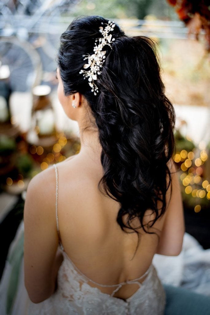 Dark Brown Low Ponytail with Curls and Accessory — Simple Bridesmaid Ponytail