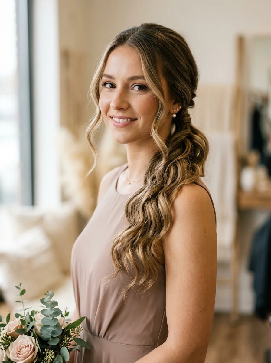 Blonde Balayage Ponytail with Face-Framing Waves — Simple Bridesmaid Ponytail