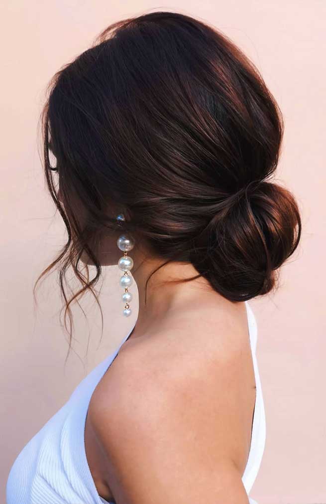 Dark Brown Glossy Low Bun With Waves — Simple Bridesmaid Updos