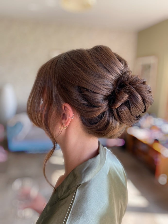 Dark Brown Wavy Low Bun With Tendrils — Simple Bridesmaid Updos