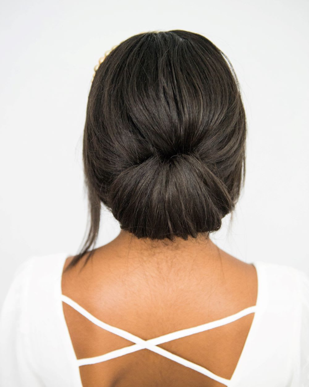Dark Brown Smooth Low Bun With Headband — Simple Bridesmaid Updos