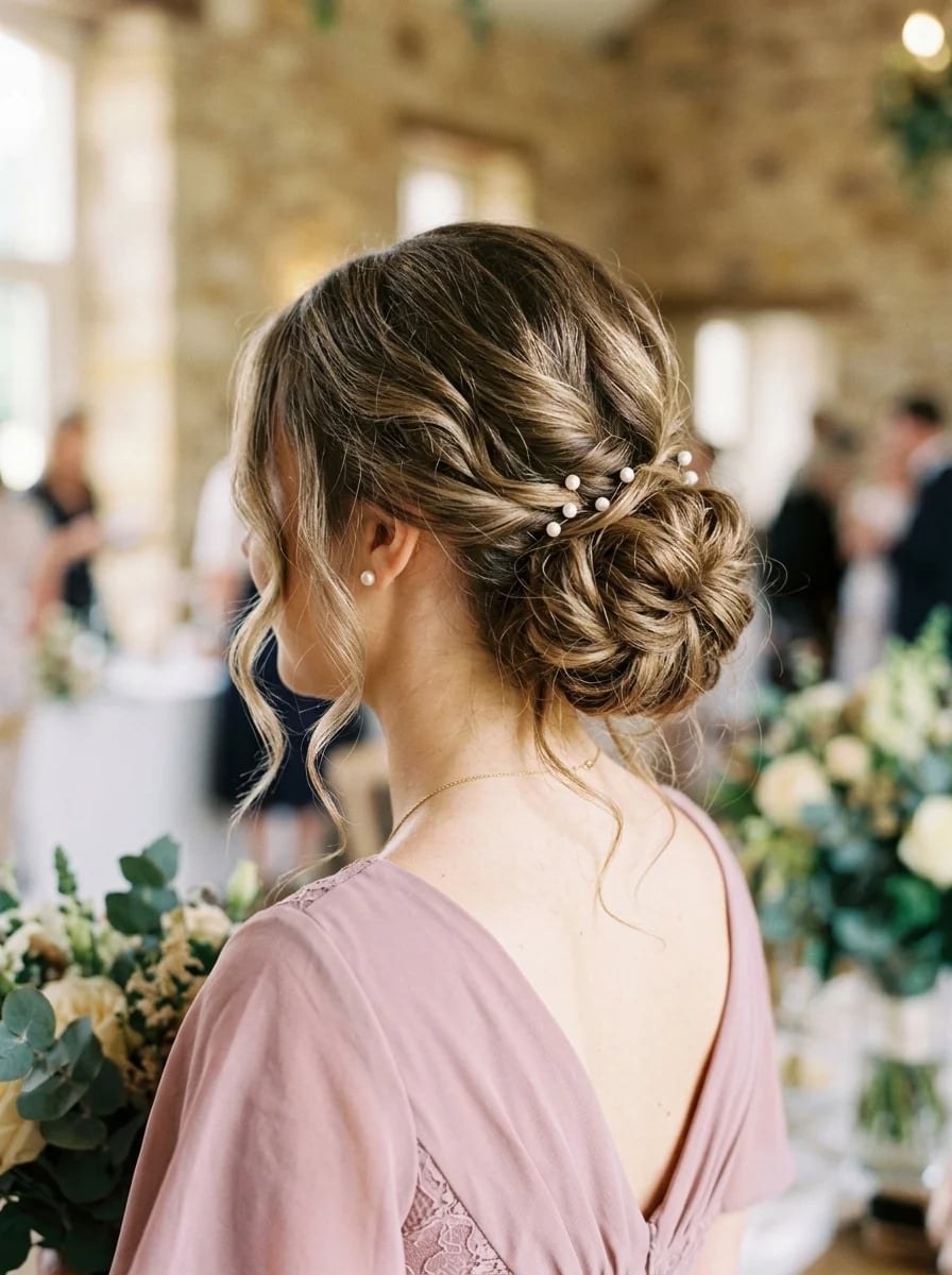 Ash Blonde Twisted Low Bun With Side-Swept Bangs — Simple Bridesmaid Updos