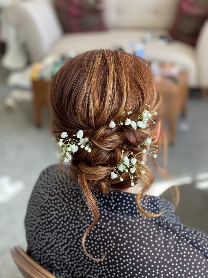 Auburn Twisted Bun With Braids and Flowers — Simple Bridesmaid Updos