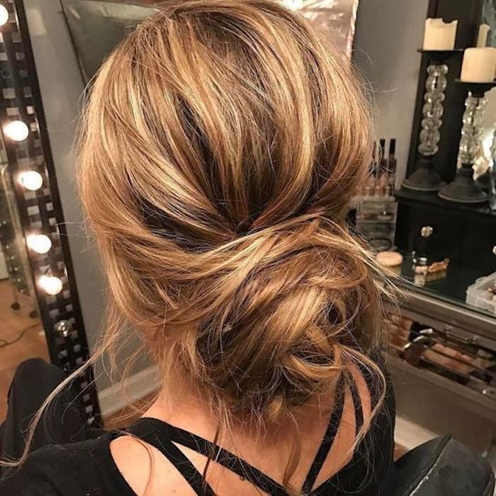 Honey Blonde Messy Bun With Textured Strands — Simple Bridesmaid Updos