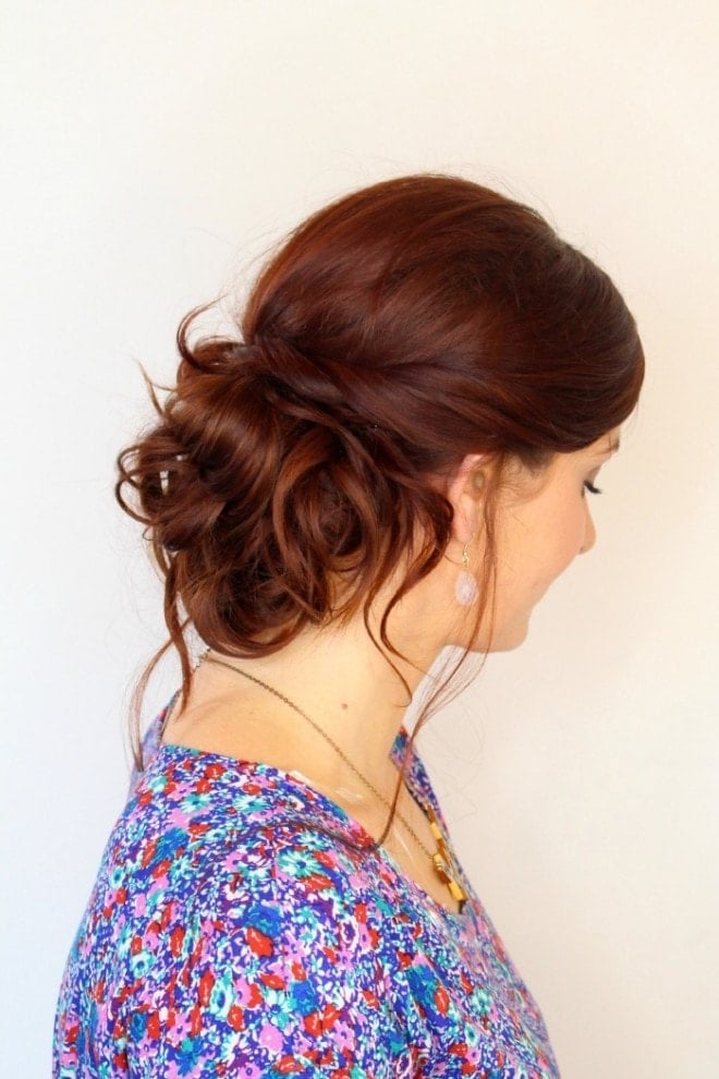 Auburn Messy Updo With Loose Curls — Simple Bridesmaid Updos