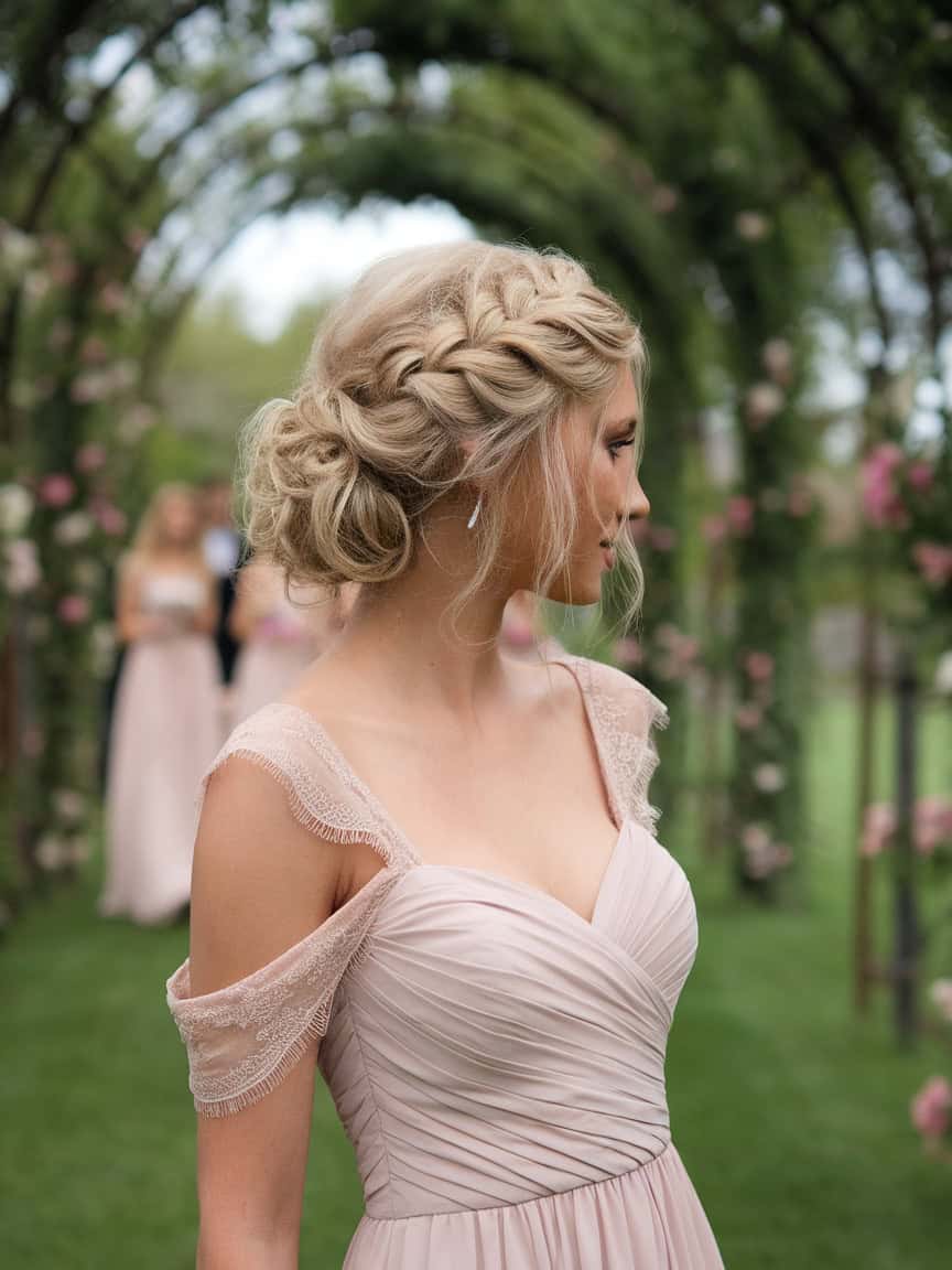 Ash Blonde Braided Crown With Textured Bun — Simple Bridesmaid Updos