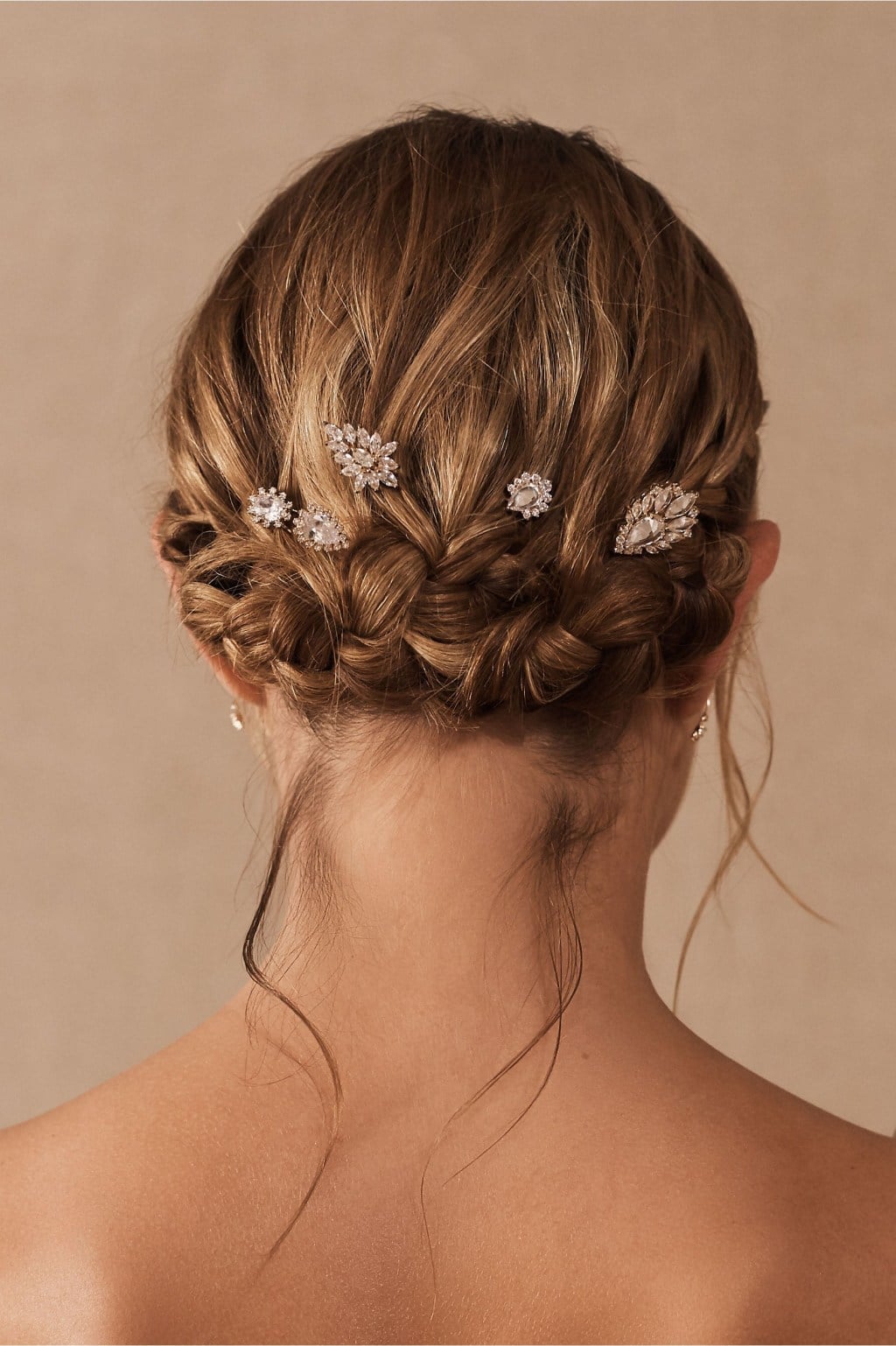 Light Brown Collarbone Braided Updo With Pins — Simple Bridesmaid Updos