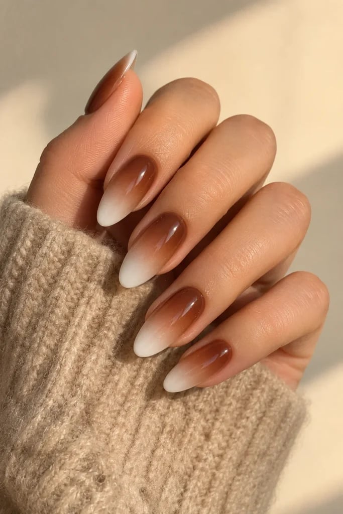 Glossy Brown to White French Ombre — Simple Brown Ombre Nails