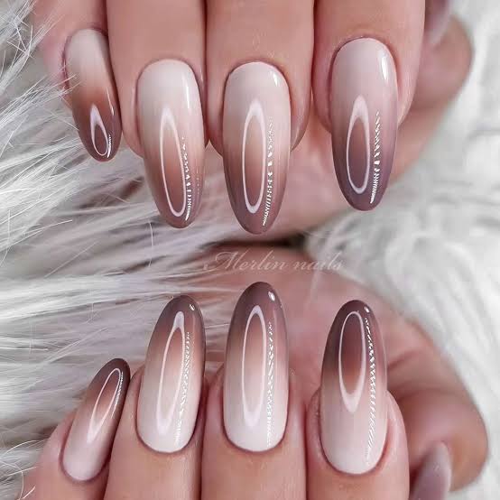 Nude to Deep Brown Medium Almond — Simple Brown Ombre Nails