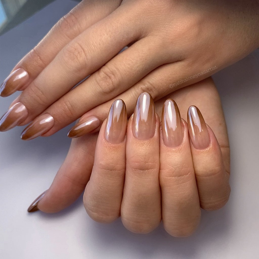 Medium Almond Subtle Shimmer Ombre — Simple Brown Ombre Nails