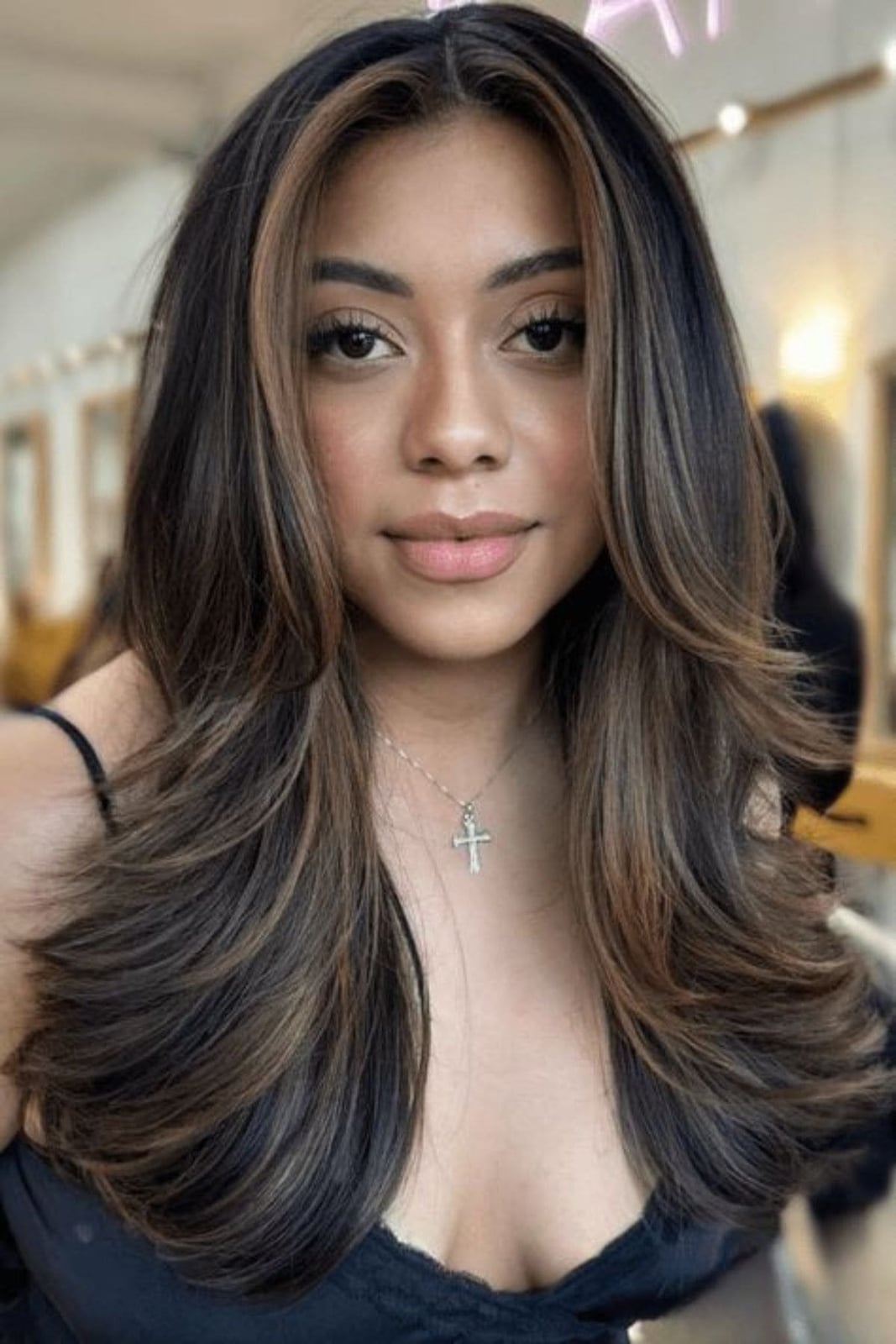 Mid-Back Dark Brunette With Caramel Highlights, Curtain Bangs — Simple Brunette Highlights