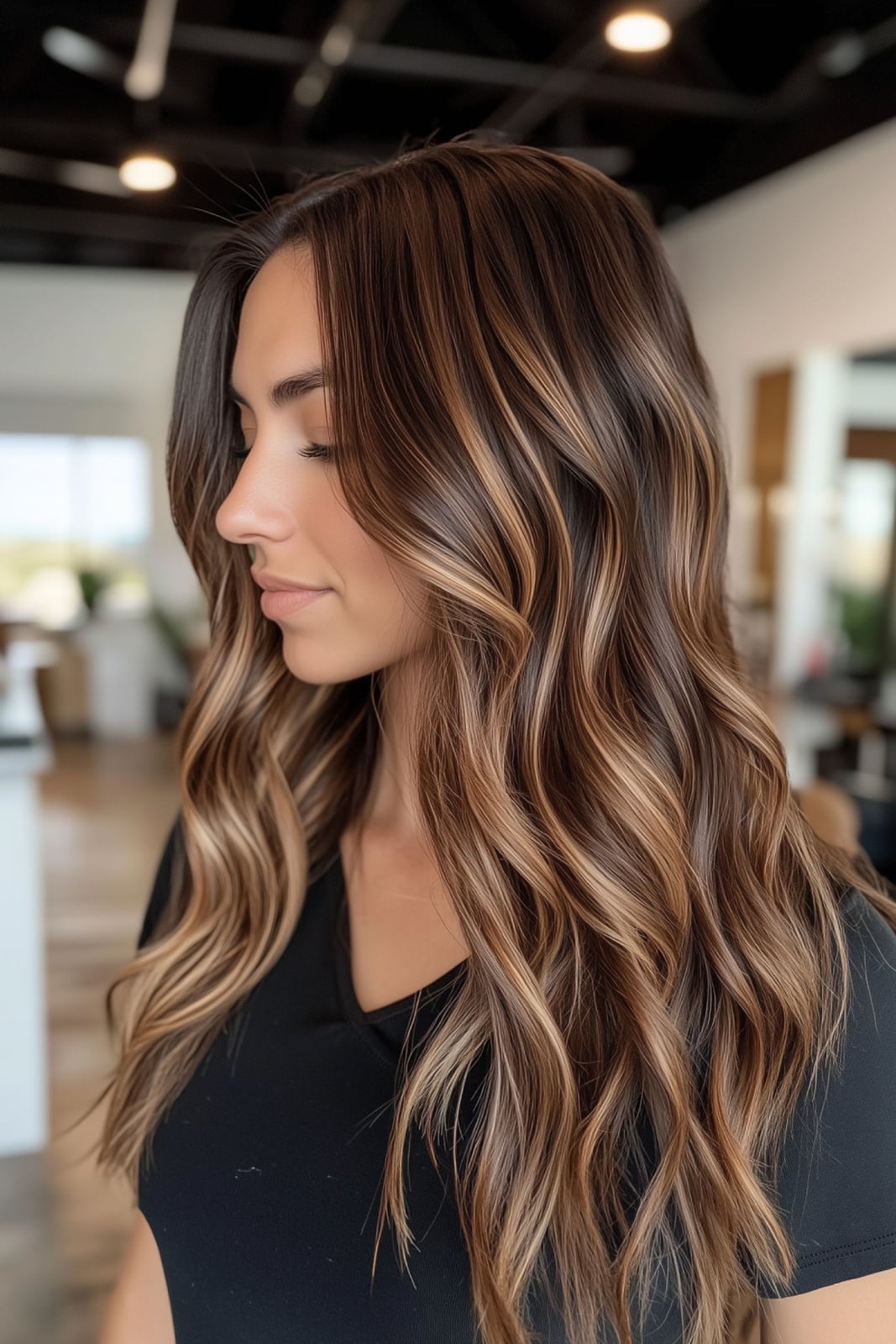 Dark Brown With Subtle Blonde Highlights Collarbone Length — Simple Brunette Highlights