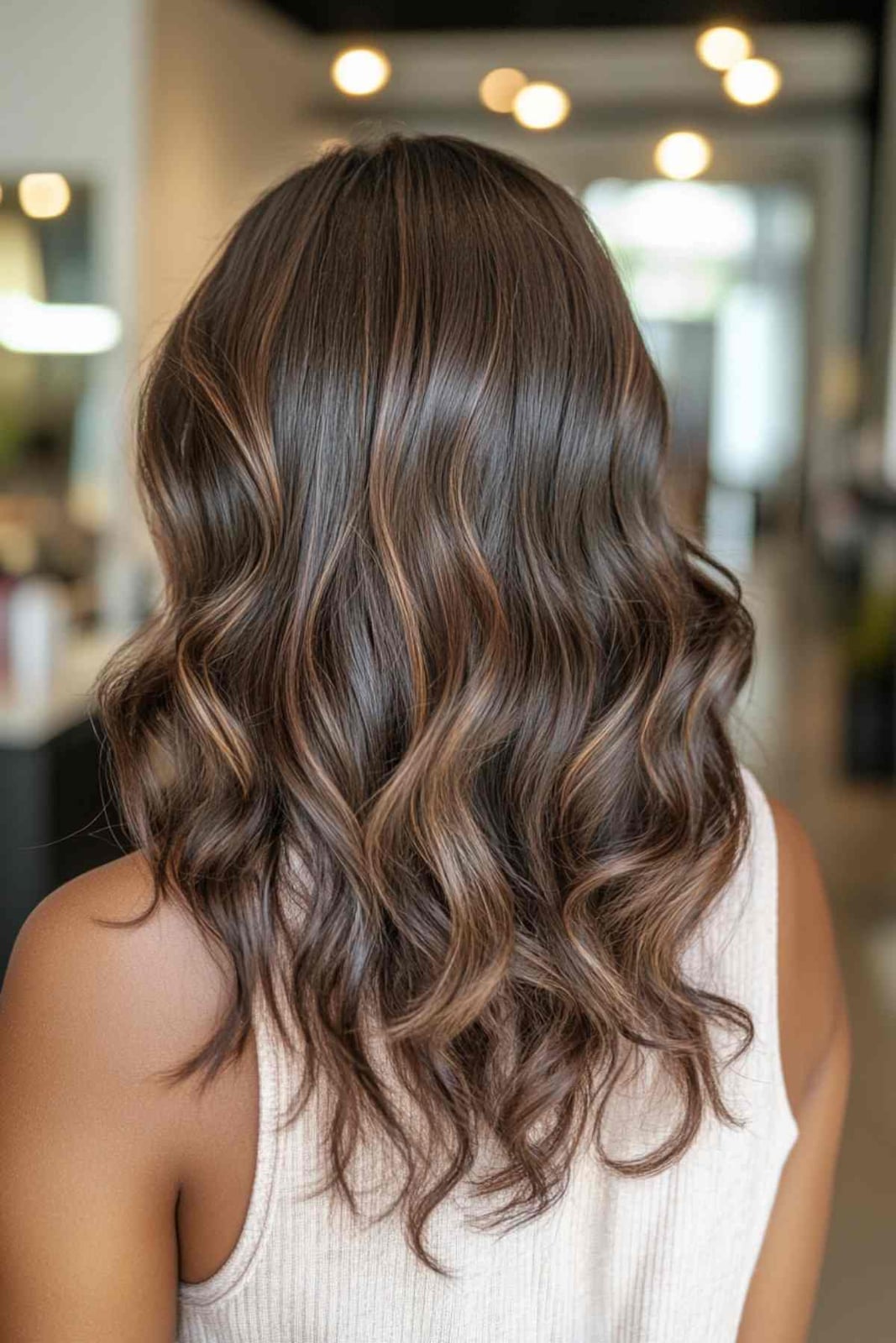 Mid-Back Dark Brown With Caramel Highlights — Simple Brunette Highlights