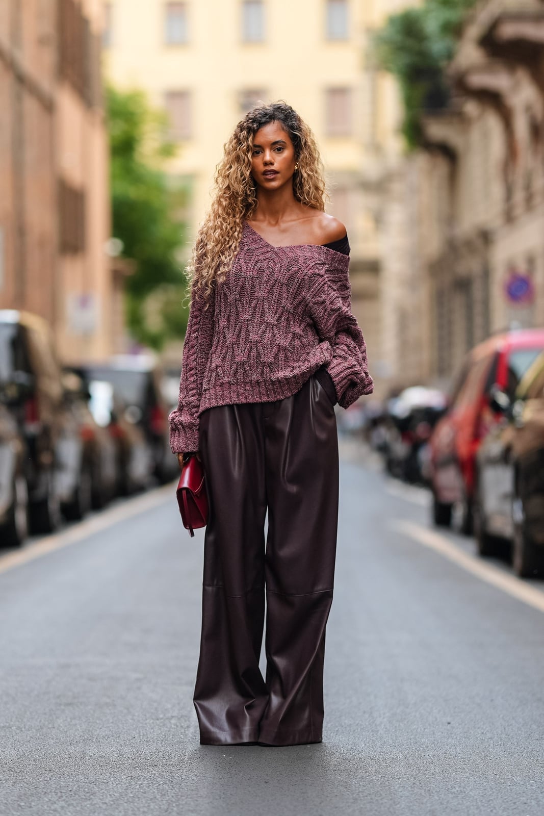 Burgundy Leather Trousers With Off-Shoulder Knit — Simple Burgundy Pants Outfits