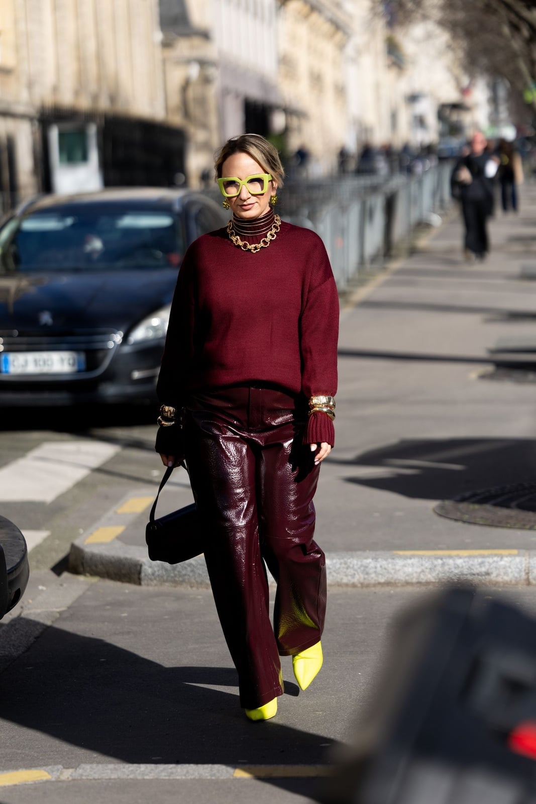 Shiny Burgundy Leather Trousers With Yellow Accents — Simple Burgundy Pants Outfits