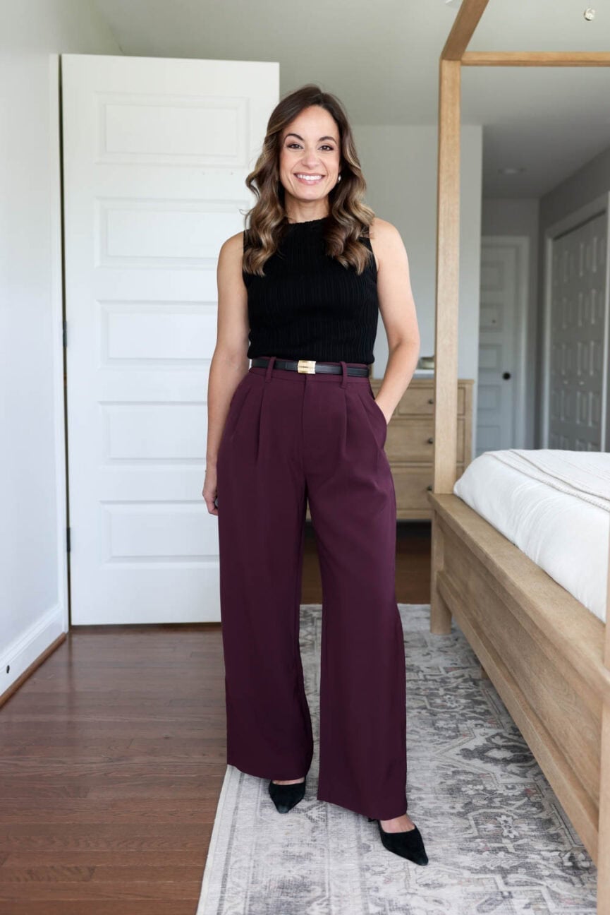 Pleated Burgundy Trousers With Belted Waist — Simple Burgundy Pants Outfits
