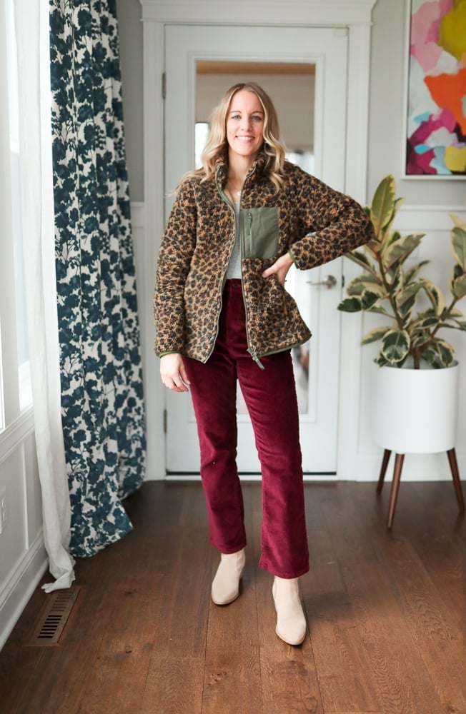 Corduroy Burgundy Trousers With Leopard Print Jacket — Simple Burgundy Pants Outfits